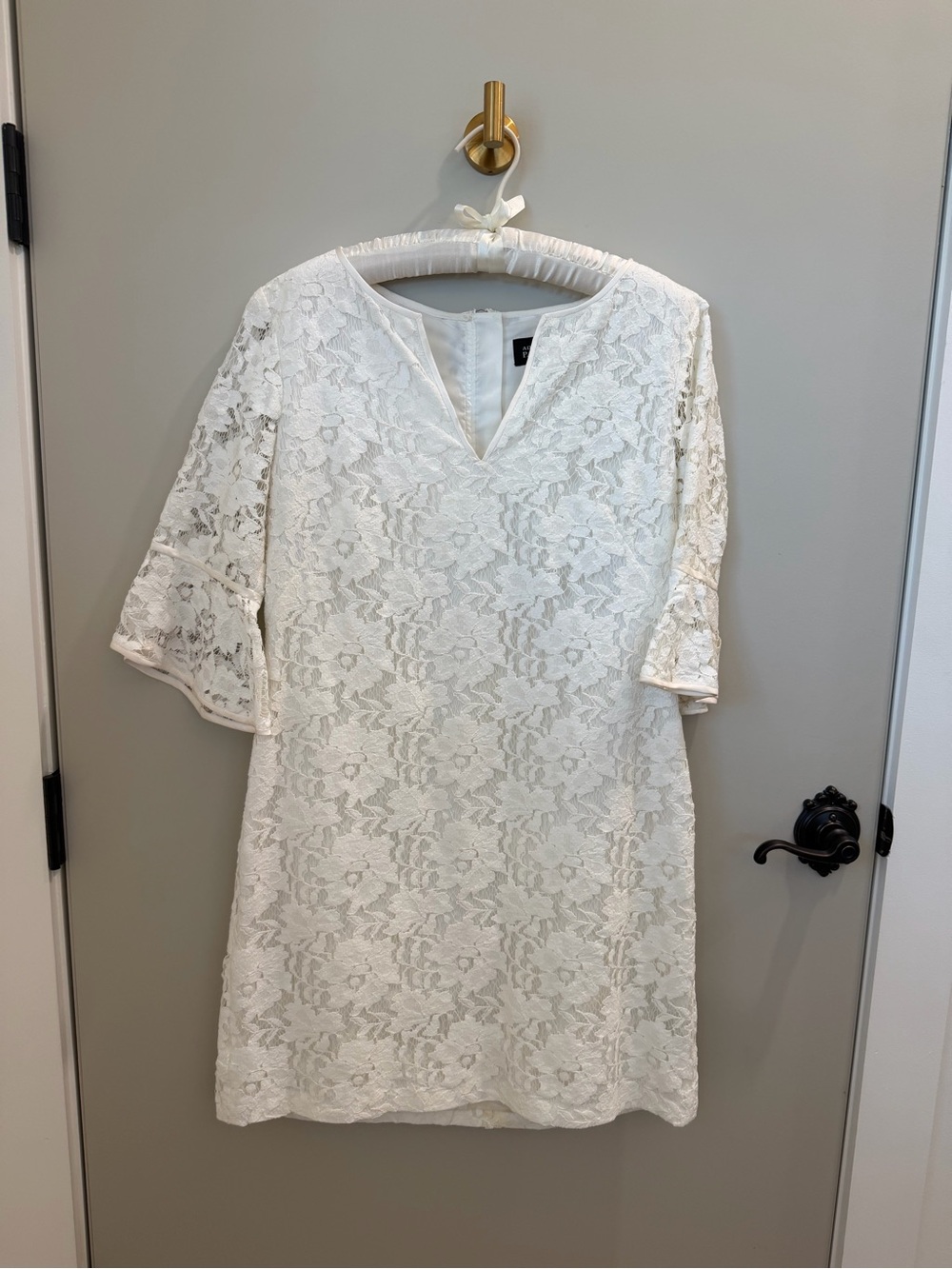 Ivory Floral Lace Mini Dress with V-Slit Neck